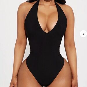 Fashion Nova Black Plunge One-Piece Swimsuit